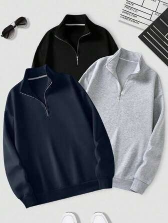 Manfinity Dauomo Men's 3pcs Solid Color Quarter Zip Pullover Sweatshirt, For Fall Winter, Long Sleeve Tops