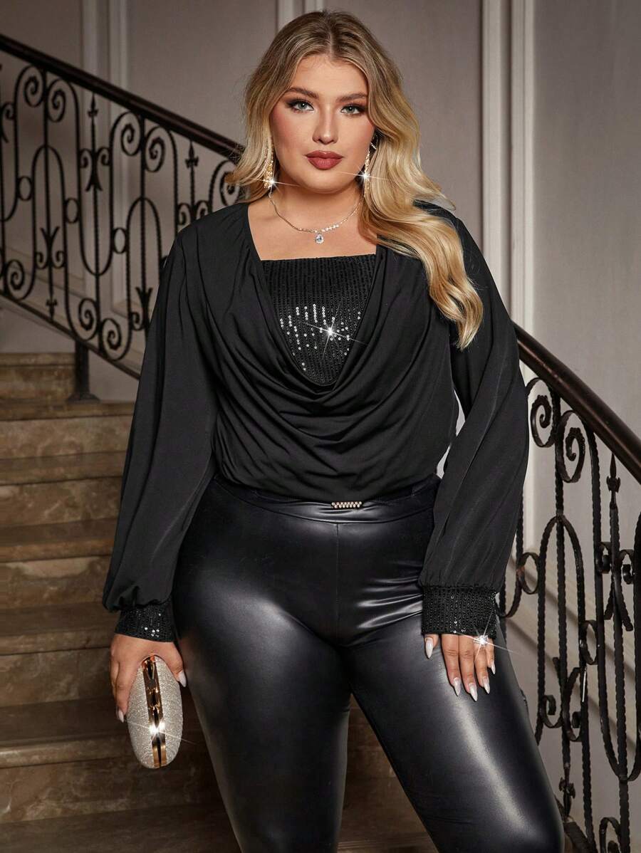 SHEIN Clasi Women Plus Size Draped Front Tops Sequin Patchwork Long Sleeve Slim Tunic Tops - Black - View 1