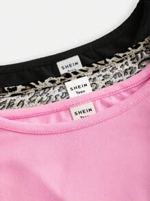 SHEIN Girlism 少女 1 送 2 3 件/套，针织纯色针织豹纹，休闲，圆领褶皱长袖 T 恤 3 件/套 - 彩色 - 查看 3