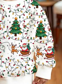 SHEIN 欢快明亮的印花圣诞运动衫，休闲宽松舒适柔软针织圆领套头连帽衫，适合女婴