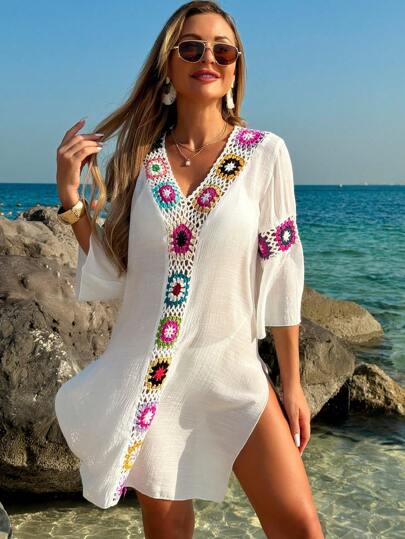 Swim Lushoire Women's V-Neck 3/4 Sleeve Hand Crochet Floral Random Color Side Slit Loose Tunic Dress/Cover Up For Summer Beach Vacation