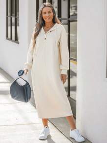 SHEIN LUNE 女士秋冬长袖连帽半襟纽扣长连衣裙 - 卡其色 - 查看 4