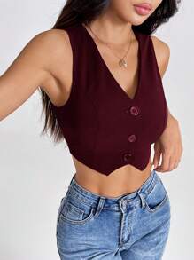 SHEIN PETITE Summer Tank TopsSolid Button Front Crop Waistcoat - Burgundy - View 5