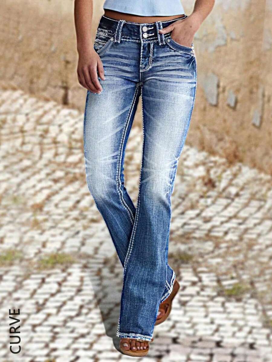 女士春夏透气牛仔裤，工艺喇叭裤，加大码可穿 - 中等水洗藍 - 查看 1