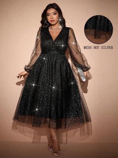 Rometta Plusstorlekar Damklänning med glänsande tryck, långärmad, elegant maxiklänning för kvinnor, höstkläder för kvinnor