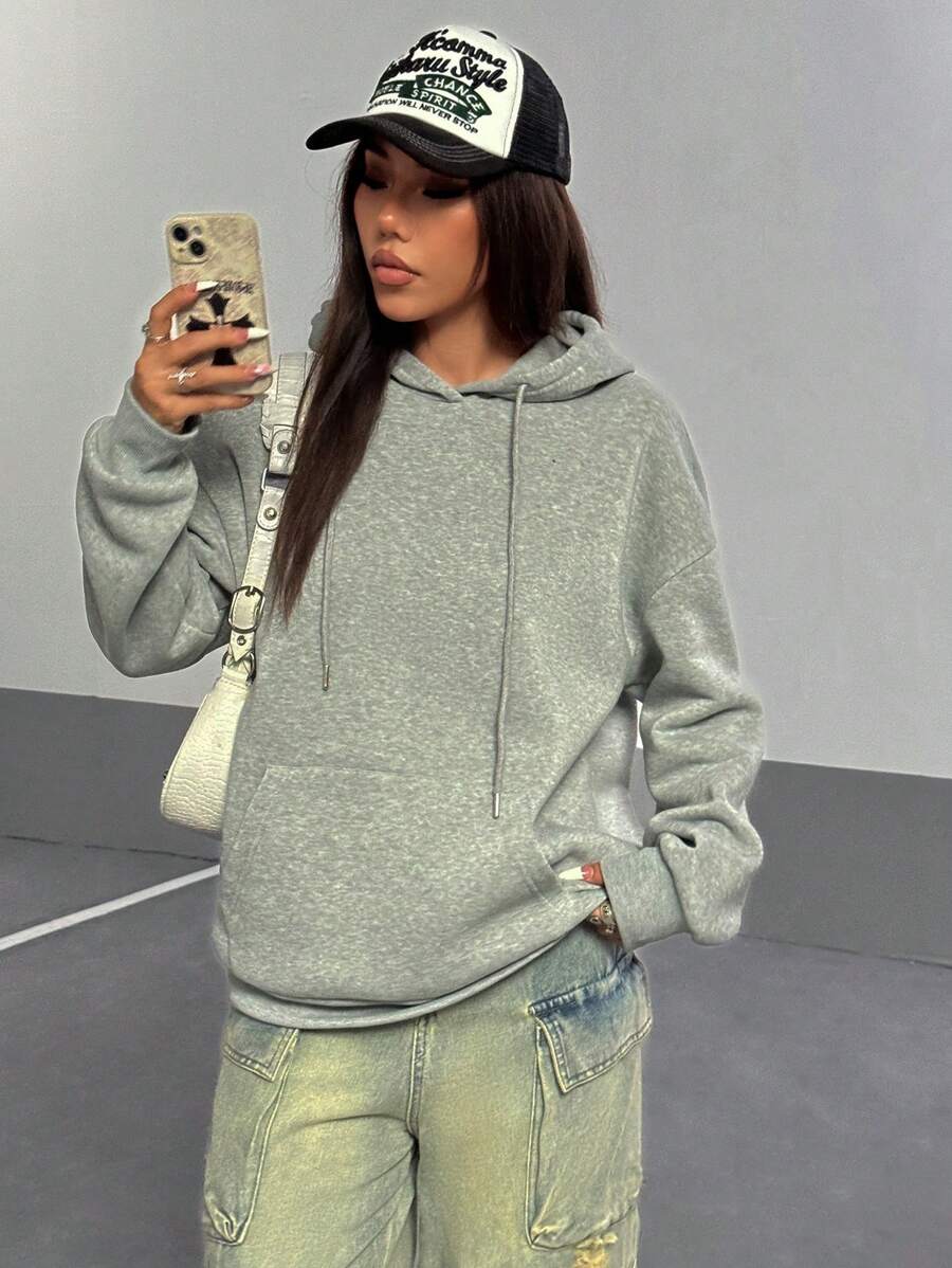 SHEIN Unity Women's Long Sleeve Print Minimalist Hooded Sweatshirt, Casual Everyday Wear Pullover Fall Outfit - Grey - View 1