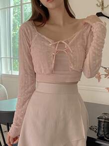 DAZY Women's Front Tie Sheer Textured Long Sleeve Lace Cardigan T-Shirt,Fall Women Clothes - Pink - View 2
