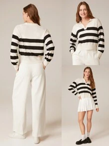 GLOWMODE Washable Wool Warm Soft Boxy Striped Lapel Sweater Daily Casual - Black and White - View 7