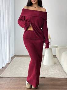 INAWLY 2件套休闲女式纯色露肩长袖上衣和裙子套装 - 酒紅色 - 查看 5