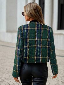 SHEIN Clasi Women's Autumn/Winter Plaid Long Sleeve Button Design Elegant Short Overcoat - Olive Green - View 2