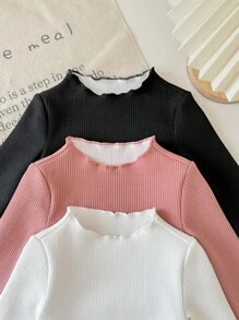 SHEIN LMoss Kids LMoss 3pcs/Set Baby Girl Cute Solid Color Knitted Ruffle Trim Long Sleeve Sweater Set, Autumn/Winter - Multicolor - View 6