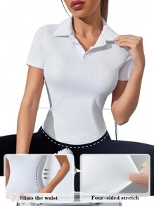Easithlete Tennis Casual Solid Color Fitted Women's Long Sleeve Sports Polo Shirt - White - View 1