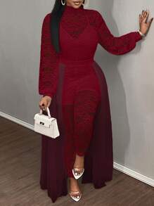 Slaydiva 大码女式浪漫优雅女士蕾丝修身连体裤、网眼裙和裙裤，大码 2 件/套 - 酒紅色 - 查看 3