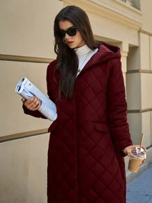 EURMUSE Women's Simple Padded Jacket Long Overcoat With Hoody, Hat - Burgundy - View 3