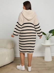 RueChic Plus Casual Striped Hooded Sweater Dress For Autumn & Winter - Multicolor - View 2
