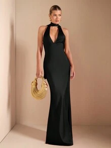 SHEIN BAE 红色性感优雅深 V 领细肩带露背系带美人鱼下摆针织连衣裙，适合鸡尾酒会、浪漫约会、秋冬分层穿着、派对、婚礼派对、万圣节、圣诞节 - 黑色 - 查看 5