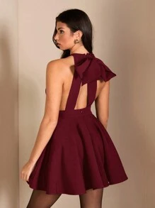 SHEIN BAE 纯黑色优雅法式挂脖简约蝴蝶结装饰薄纱裙短款黑色连衣裙，适合生日、酒会、正式活动、夜店派对、INS博主同款 - 酒紅色 - 查看 6