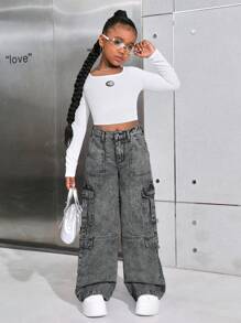 SHEIN Tween 女童 Y2K 时尚粉色石洗高腰翻盖口袋宽松直筒工装牛仔裤