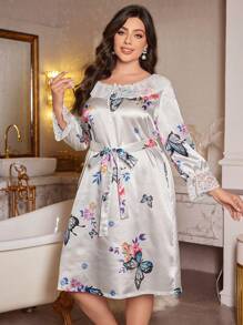 LuxeNights Camisón de manga larga de talla grande con estampado de mariposas y flores, con aplicaciones de encaje