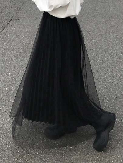FRIFUL 女士黑色网纱撞色宽松长款优雅褶裥A字裙