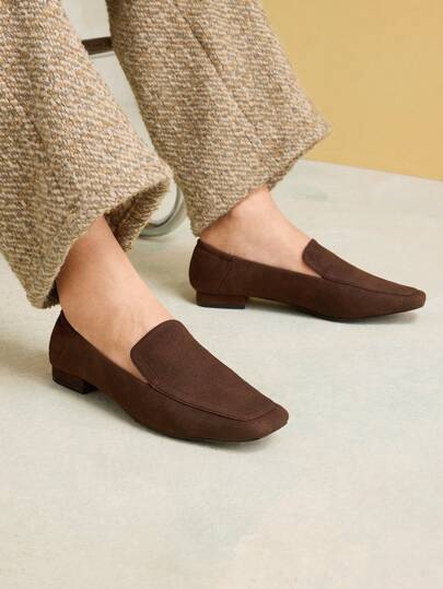 MOTF PREMIUM 棕色仿麂皮方头乐福鞋，舒适基本款休闲便鞋，适合工作、冬季、春假和复活节