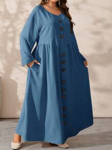 EMERY ROSE Plus Size Women's Spring And Autumn Solid Color Crew Neck Long Sleeve Button Design Loose Casual Dress - Blue - View 5