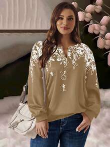 EMERY ROSE Plus Size Women Floral Print Half-Zip Long Sleeve Sweatshirt, Autumn/Winter - Khaki - View 6