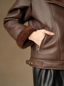 Anewsta Áo khoác nữ cổ bẻ bằng da PU tổng hợp màu đen mềm mại - Màu Tím - Xem 2