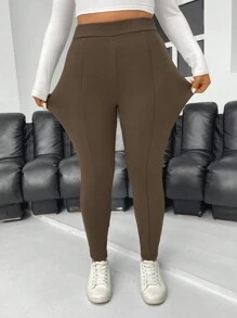 SHEIN Privé Plus Size Chocolate Brown Elegant Suede Thermal Lined Leggings,Summer Casual Gym Tight Pants,Autumn/Winter Workplace High-End Date Party Retro Style - Brown - View 7