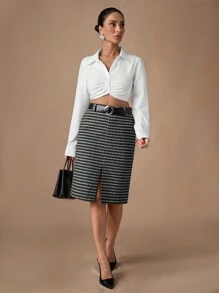 RueChic Women Check Pattern High Waist Skirt - Brown - View 5