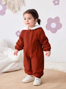 SHEIN Bộ đồ liền thân trùm đầu bằng vải nhung kẻ cho bé gái sơ sinh, thiết kế màu ấm áp cho mùa thu/đông - Nhiều màu - Xem 4