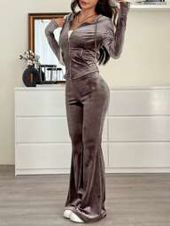 SHEIN EZwear مجموعة ملابس علوية مزود بغطاء رأس مشبك علوي مع بنطلون قماش أحادي اللون ضيق للنساء 2 قطعة