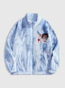 ROMWE MEN Street Life Men Plush Cartoon & Letter Embroidery Long Sleeve Jacket, Autumn/Winter - Blue - View 1