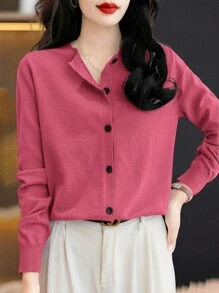 SHEIN LUNE Women's Casual Loose Solid Color Single Breasted Cardigan, Long Sleeve, Autumn/Winter - Hot Pink - View 6