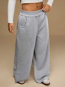 Forever 21 Calça de moletom plus size, cor sólida, com elástico na cintura, bolso, simples, larga, casual, para uso diário - Cinza - Ver 7