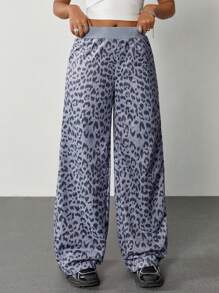 SHEIN EZwear Women's Vintage Leopard Y2K Casual Pu Trousers For Back To School