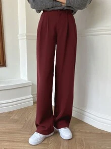DAZY 女士简约百褶办公休闲西裤，返校季商务装 - 酒紅色 - 查看 1