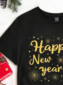 Muchica 2025 新年快乐图案宽松圆领短袖女式T恤，休闲 - 黑色 - 查看 5