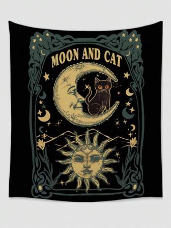 Fairycore 1pc Mysterious Moon, Stars & Cat Printed Polyester Tapestry, Suitable For Daily Living Room, Bedroom Wall Decor, Camping, All Season
