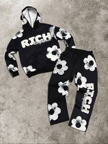 Manfinity Roghcode Men's Letter Graphic Detail Minimalist Hooded Top And Pants Set - Black - View 1