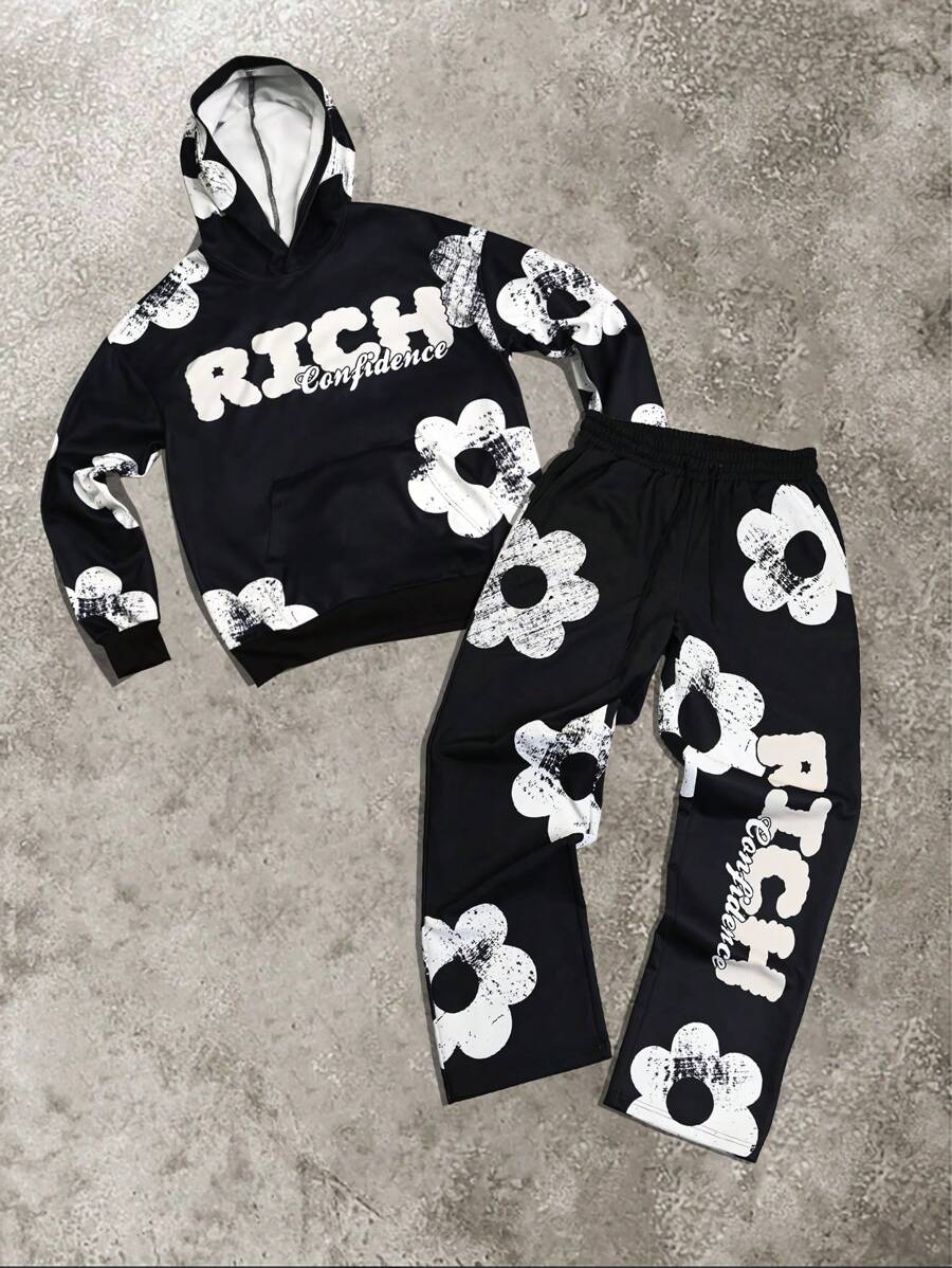 Manfinity Roghcode Men's Letter Graphic Detail Minimalist Hooded Top And Pants Set - Black - View 1