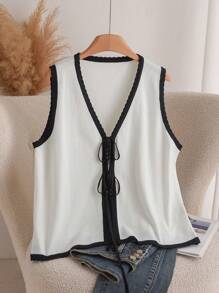 SHEIN Essnce Plus Size Women Black & White Contrast Tie Front Cardigan, Going Out Sexy Tops - Black and White - View 1