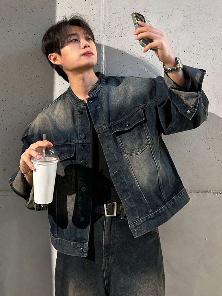 DAZY Men's Drop Shoulder Long Sleeve Single Breasted Casual Denim Jacket, Autumn,Back To School, Emo Style - Blue - View 1