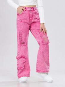 SHEIN Jeans déchirés à poches inclinées et jambes larges, mode extérieure pour préadolescentes