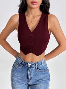 SHEIN PETITE Summer Tank TopsSolid Button Front Crop Waistcoat - Burgundy - View 1