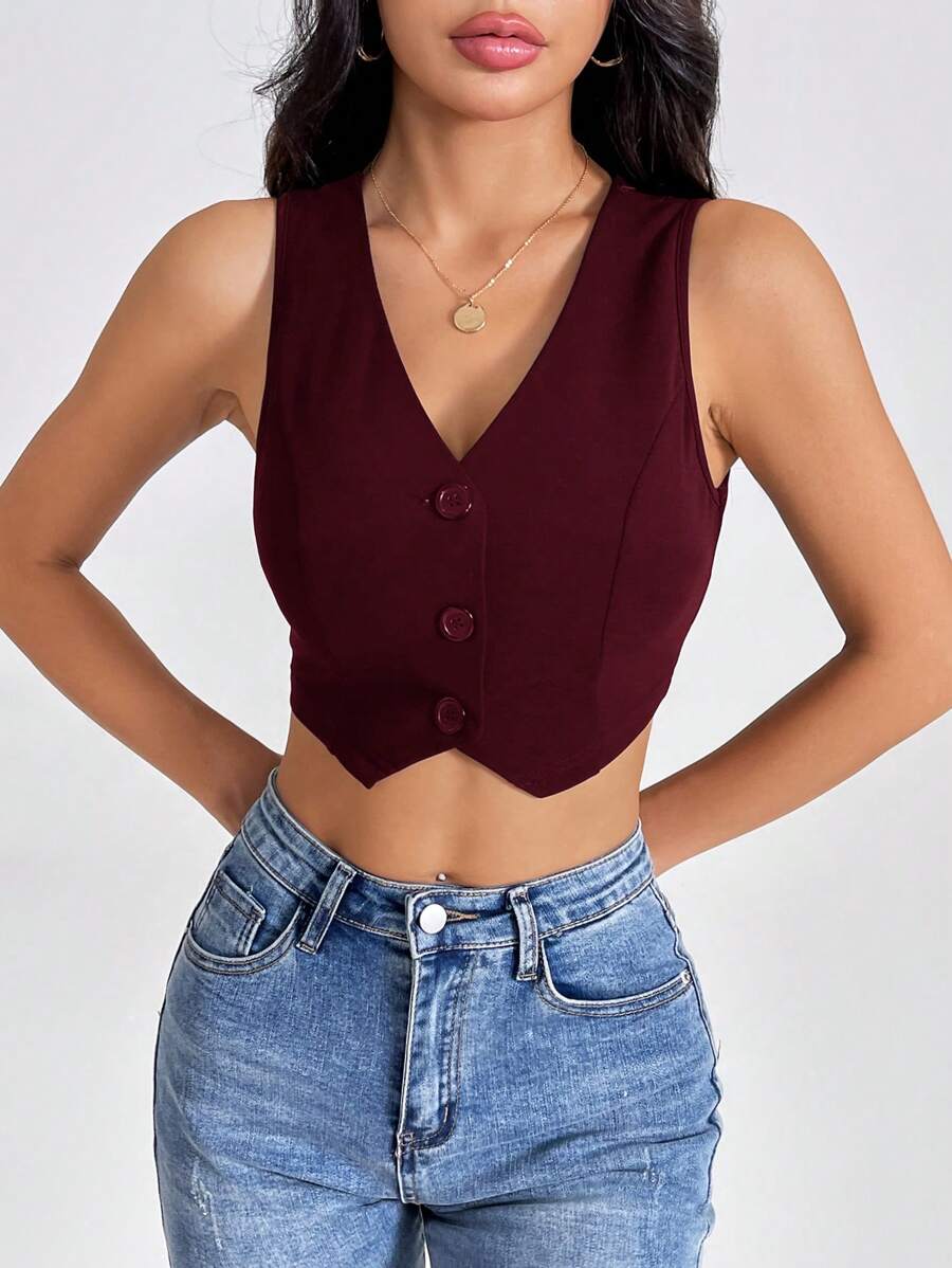 SHEIN PETITE Summer Tank TopsSolid Button Front Crop Waistcoat - Burgundy - View 1