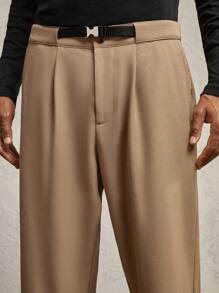 AKNOTIC Business Casual Men's Khaki Woven Relaxed Fit Mid-Rise Straight Leg Casual Pants With Metal Buckle Belt, Plain Work Long Baggy Slacks Pants, For Husband, Boyfriend Gifts