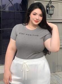 Dazy Plus Round Neck Letter Print Slim Fit Short Sleeve T-Shirt,Crop Tops Women - Grey - View 8