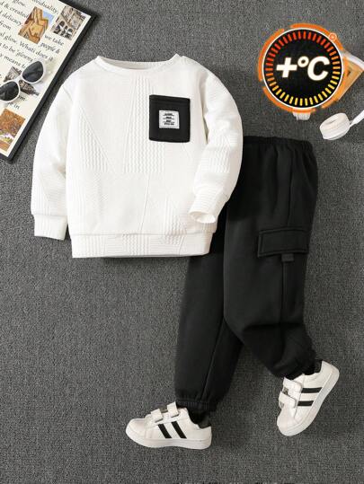 SHEIN 2 件套年轻男孩休闲可爱拼色圆领运动衫和慢跑裤针织服装，适合学校、花园、海滩、生日、春季、夏季、秋季、冬季