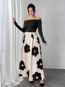 SHEIN Unity 纯黑色露肩和卡其色花卉印花 A 字裙女士优雅秋冬套装连衣裙 - 黑色 - 查看 3